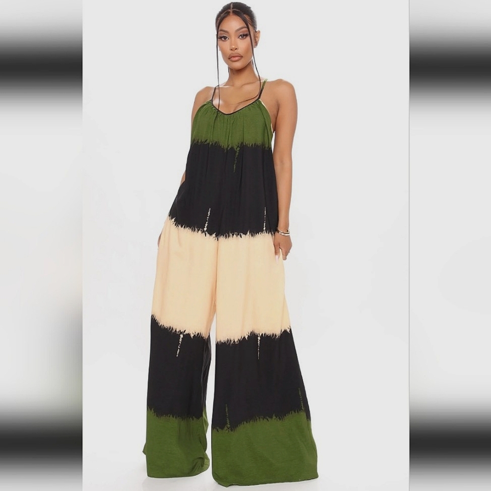 Wide Leg Colorblock Jumpsuit with Pockets, Medium, Olive/combo, NWT